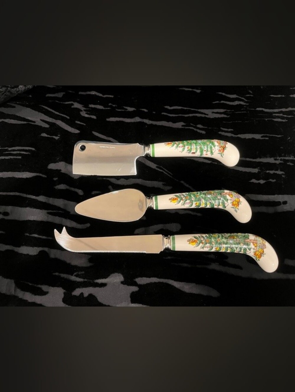 Vintage Spode Christmas Tree 3-Piece Cheese Serving Set - Stainless & Porcelain